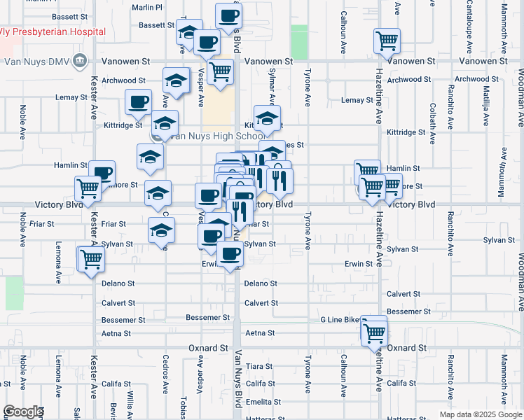 map of restaurants, bars, coffee shops, grocery stores, and more near 14426 Victory Boulevard in Los Angeles