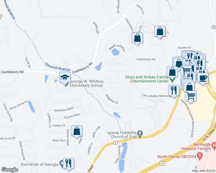 map of restaurants, bars, coffee shops, grocery stores, and more near 4120 Ridgefair Drive in Cumming