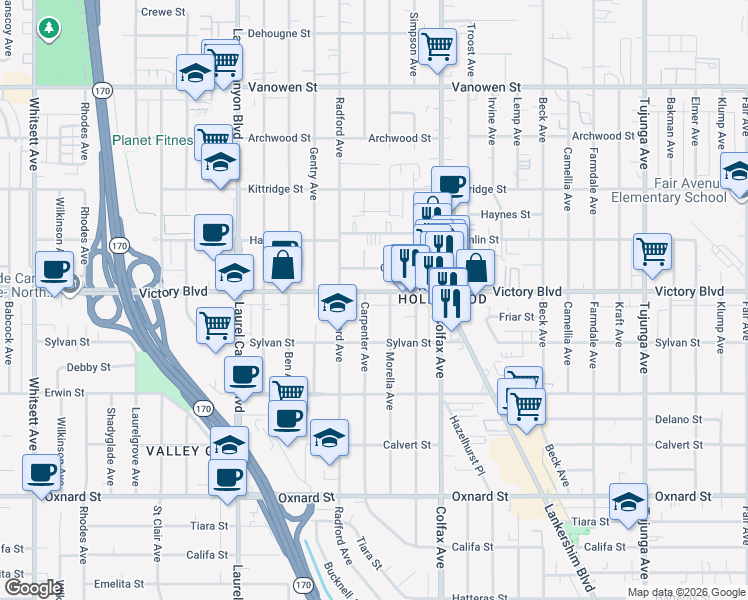 map of restaurants, bars, coffee shops, grocery stores, and more near 11820 Victory Boulevard in Los Angeles