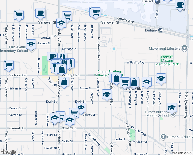map of restaurants, bars, coffee shops, grocery stores, and more near 10706 Victory Boulevard in Los Angeles