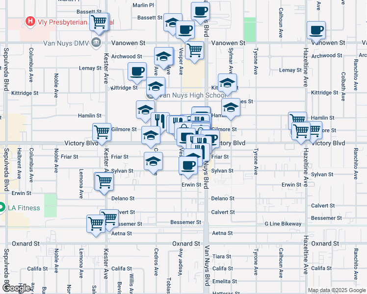 map of restaurants, bars, coffee shops, grocery stores, and more near 14550 Victory Boulevard in Los Angeles