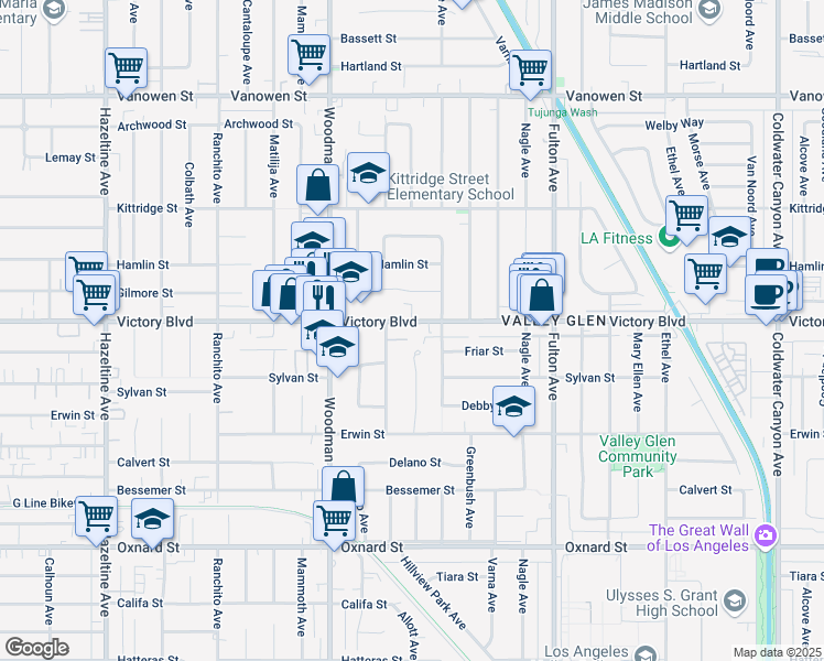 map of restaurants, bars, coffee shops, grocery stores, and more near 13534 Victory Boulevard in Los Angeles