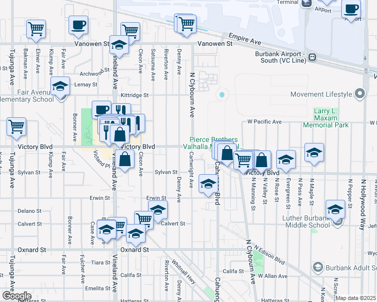 map of restaurants, bars, coffee shops, grocery stores, and more near 10656 Victory Boulevard in Los Angeles
