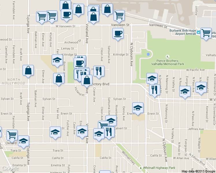 map of restaurants, bars, coffee shops, grocery stores, and more near 10808 Victory Boulevard in Los Angeles