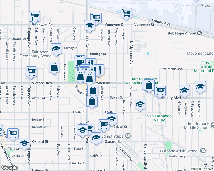 map of restaurants, bars, coffee shops, grocery stores, and more near 10848 Victory Boulevard in Los Angeles