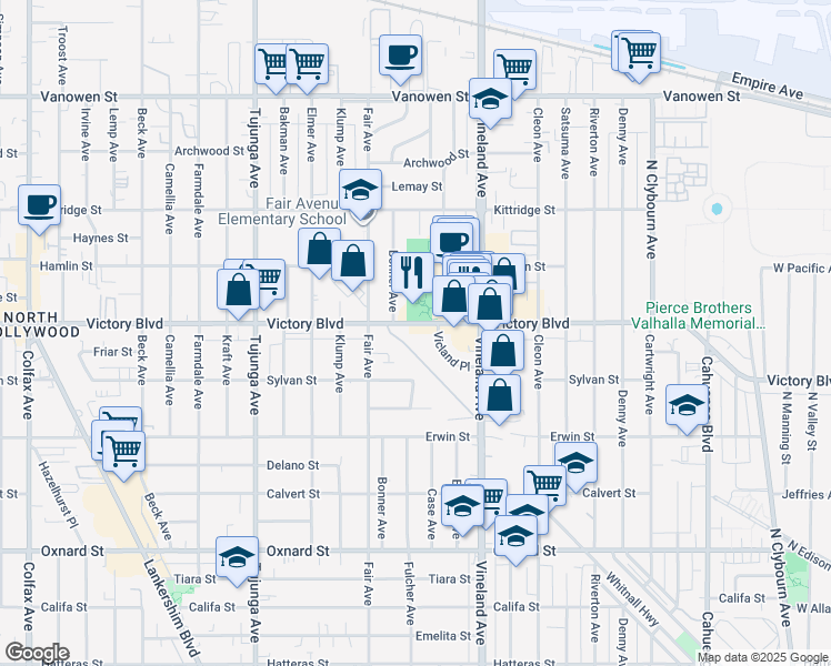 map of restaurants, bars, coffee shops, grocery stores, and more near 11110 Victory Boulevard in Los Angeles