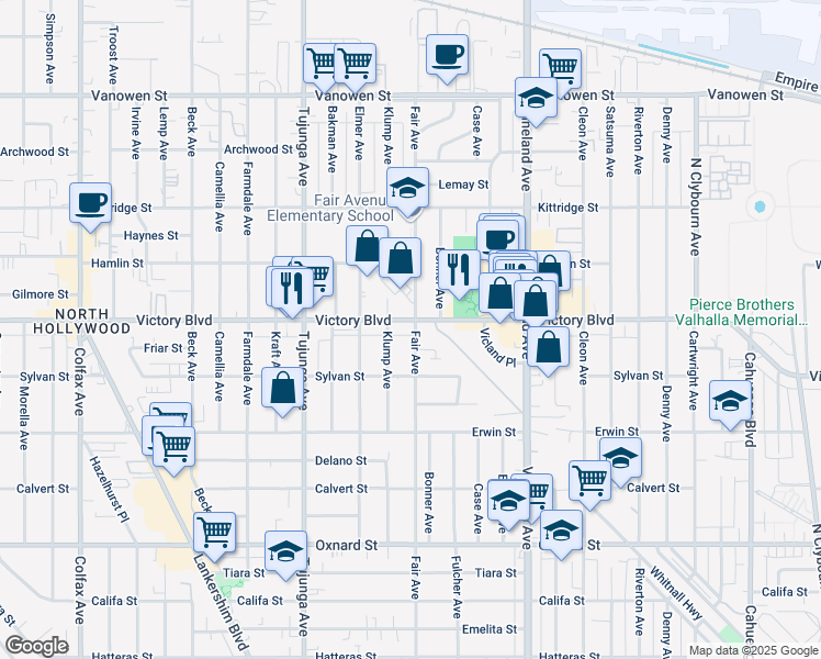 map of restaurants, bars, coffee shops, grocery stores, and more near 11218 Victory Boulevard in Los Angeles