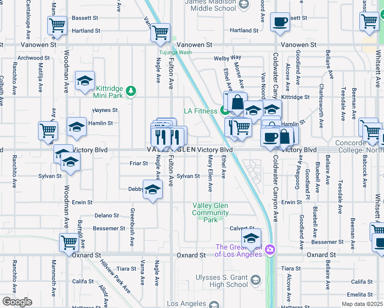 map of restaurants, bars, coffee shops, grocery stores, and more near 13210 Victory Boulevard in Los Angeles