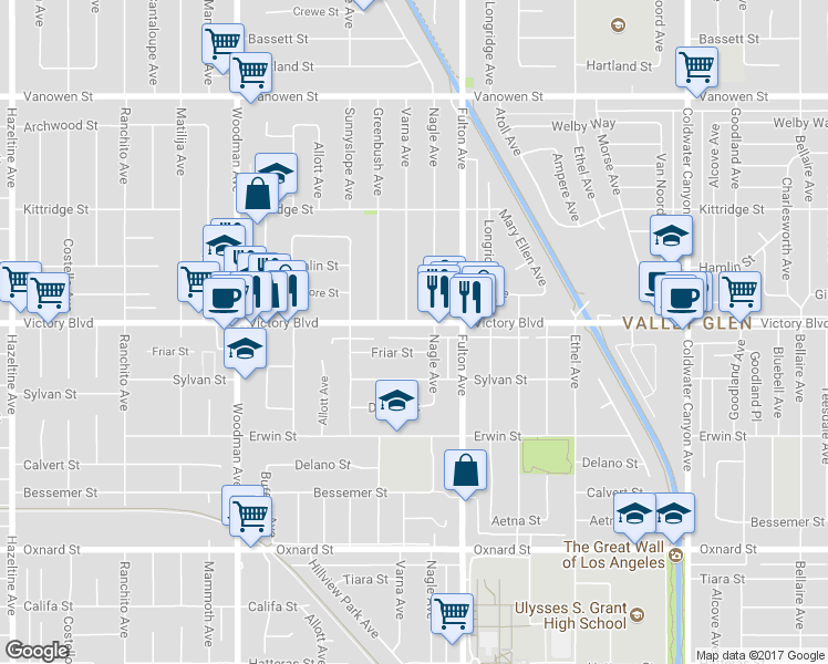 map of restaurants, bars, coffee shops, grocery stores, and more near 13400 Victory Boulevard in Los Angeles