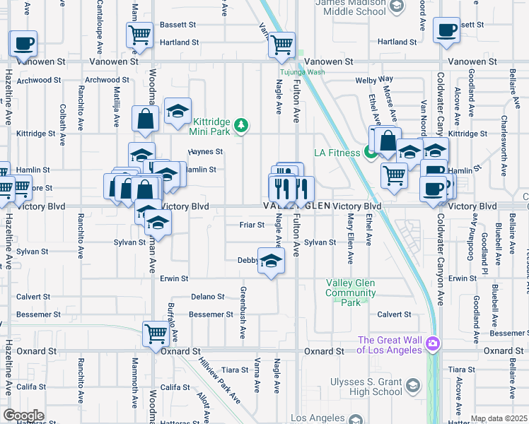 map of restaurants, bars, coffee shops, grocery stores, and more near 13400 Victory Boulevard in Los Angeles