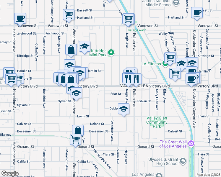 map of restaurants, bars, coffee shops, grocery stores, and more near 13464 Victory Boulevard in Los Angeles