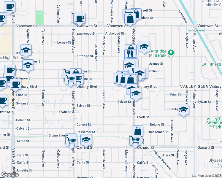 map of restaurants, bars, coffee shops, grocery stores, and more near 13820 Victory Boulevard in Los Angeles