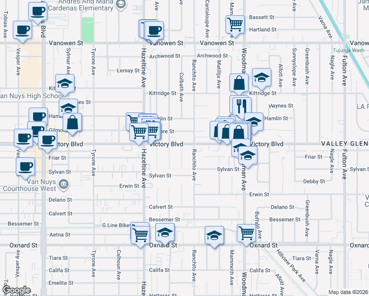 map of restaurants, bars, coffee shops, grocery stores, and more near 6357 Colbath Avenue in Los Angeles