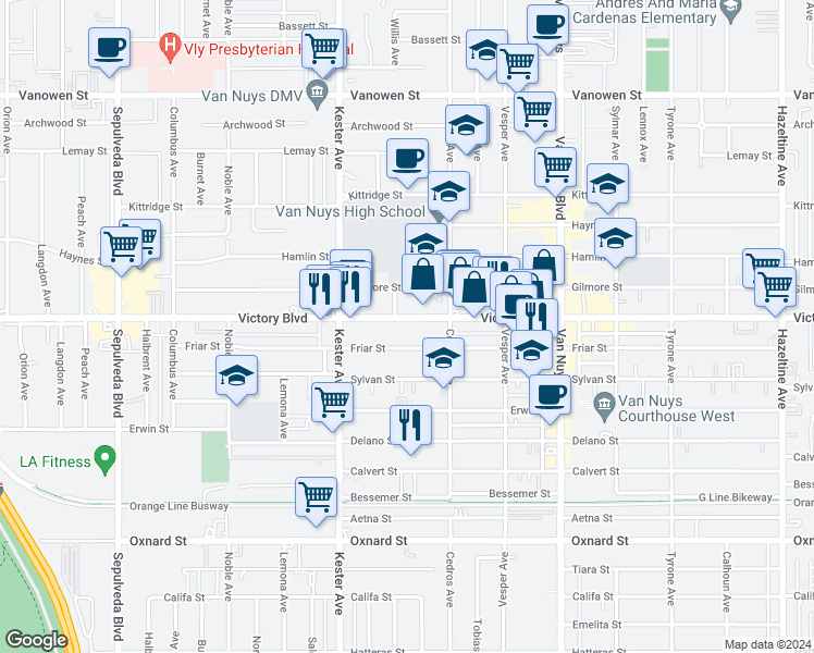 map of restaurants, bars, coffee shops, grocery stores, and more near 14752 Victory Boulevard in Los Angeles