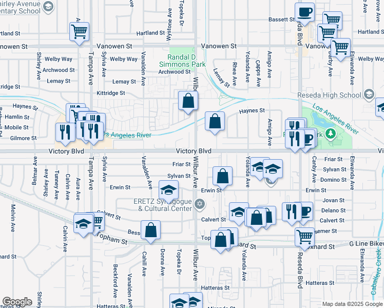 map of restaurants, bars, coffee shops, grocery stores, and more near 18902 Victory Boulevard in Los Angeles