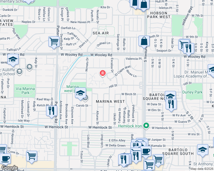 map of restaurants, bars, coffee shops, grocery stores, and more near 2004 Miramar Walk in Oxnard