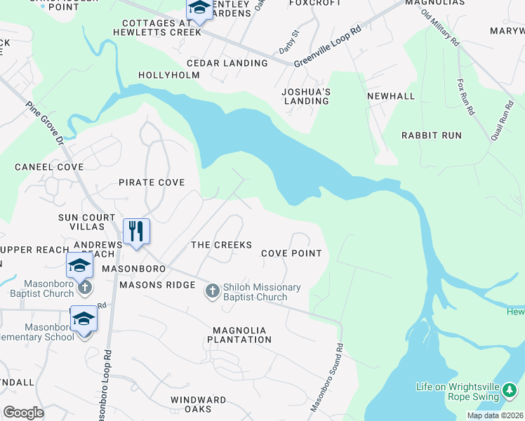 map of restaurants, bars, coffee shops, grocery stores, and more near 6947 Masonboro Sound Road in Wilmington