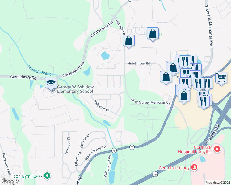 map of restaurants, bars, coffee shops, grocery stores, and more near 3940 Ridgefair Drive in Cumming