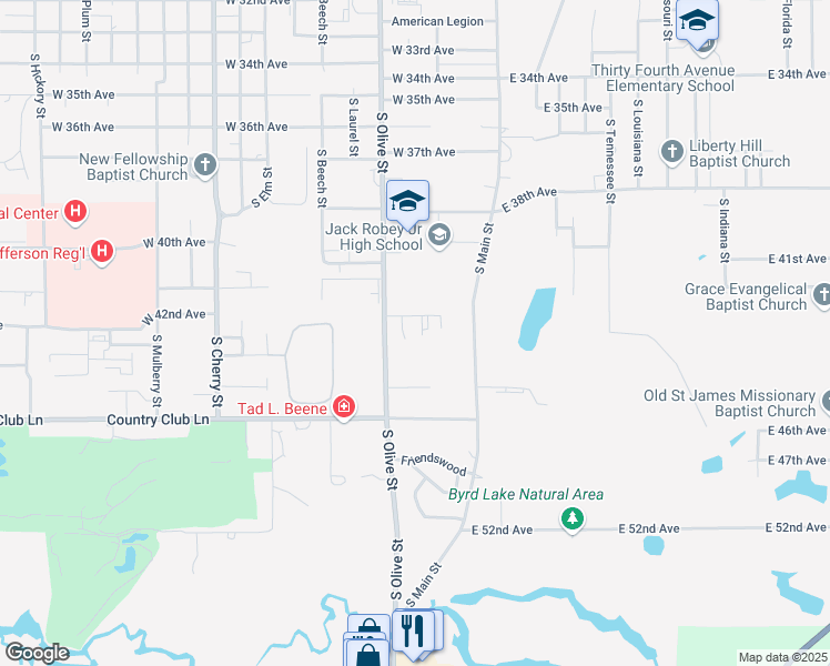 map of restaurants, bars, coffee shops, grocery stores, and more near 4321 South Olive Street in Pine Bluff