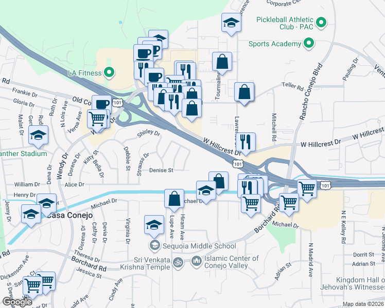 map of restaurants, bars, coffee shops, grocery stores, and more near 610 Nicole Drive in Thousand Oaks