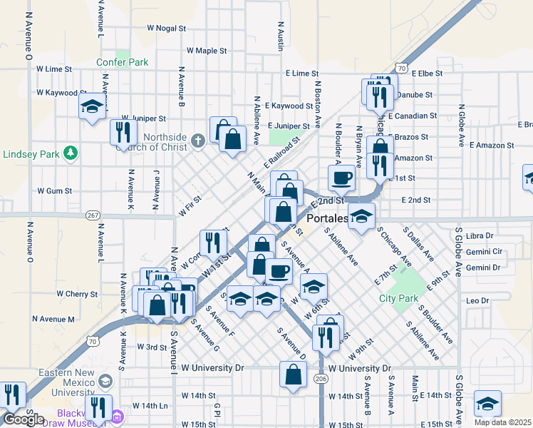 map of restaurants, bars, coffee shops, grocery stores, and more near 116 West 1st Street in Portales
