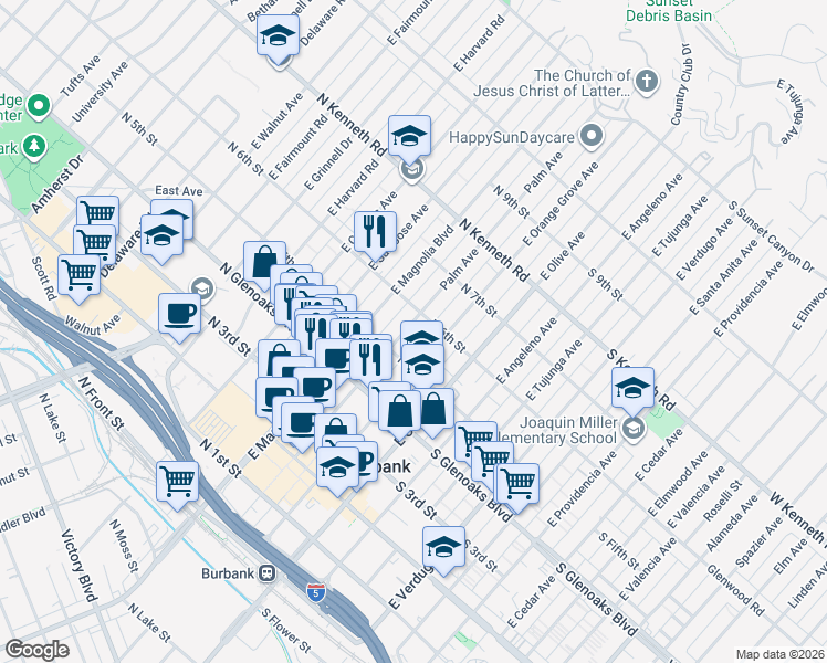 map of restaurants, bars, coffee shops, grocery stores, and more near 552 East Palm Avenue in Burbank