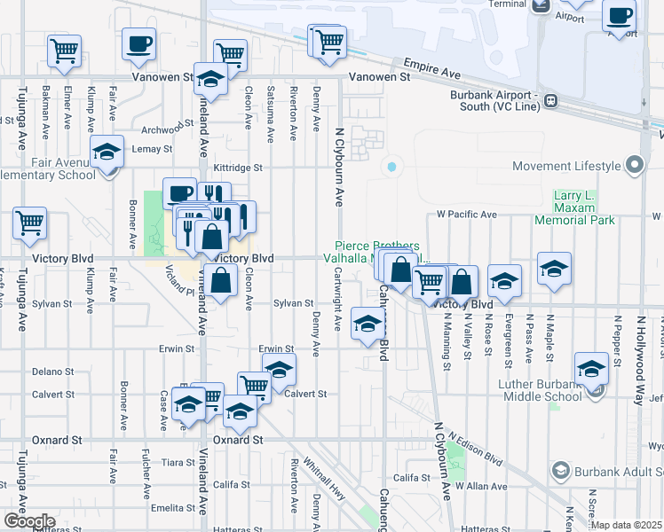 map of restaurants, bars, coffee shops, grocery stores, and more near 10656 Victory Boulevard in Los Angeles