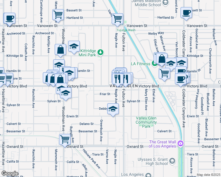 map of restaurants, bars, coffee shops, grocery stores, and more near 13400 Victory Boulevard in Los Angeles
