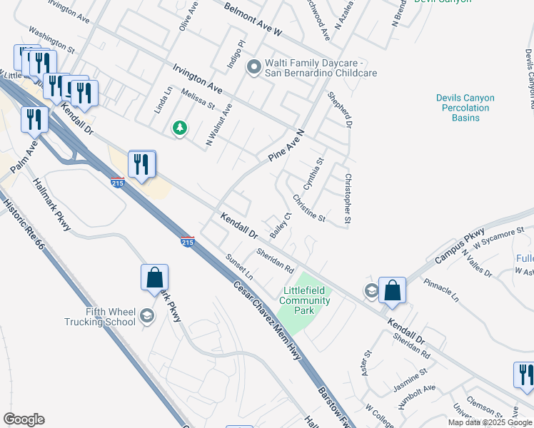map of restaurants, bars, coffee shops, grocery stores, and more near 2660 Twain Drive in San Bernardino