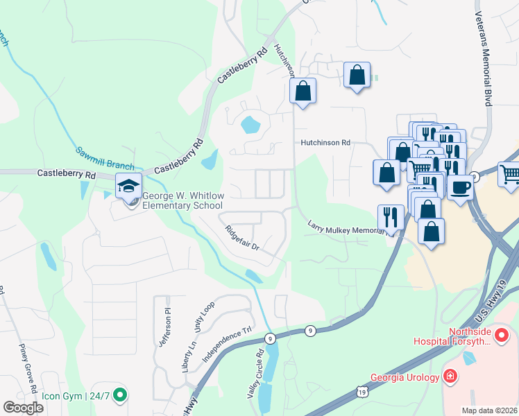 map of restaurants, bars, coffee shops, grocery stores, and more near 4010 Ridgefair Drive in Cumming