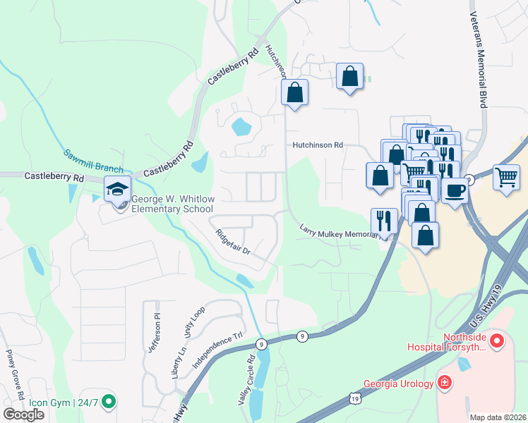 map of restaurants, bars, coffee shops, grocery stores, and more near 3940 Ridgefair Drive in Cumming