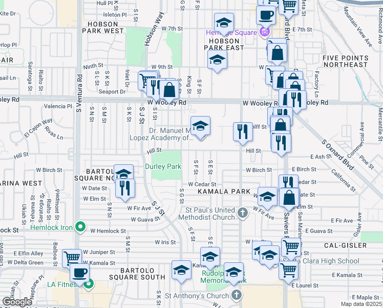 map of restaurants, bars, coffee shops, grocery stores, and more near 1313 South F Street in Oxnard