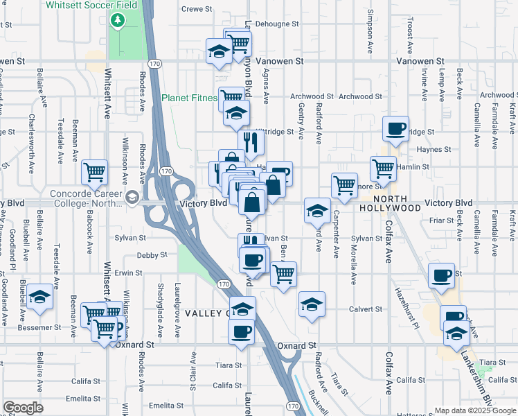 map of restaurants, bars, coffee shops, grocery stores, and more near 6410 Laurel Canyon Boulevard in Los Angeles