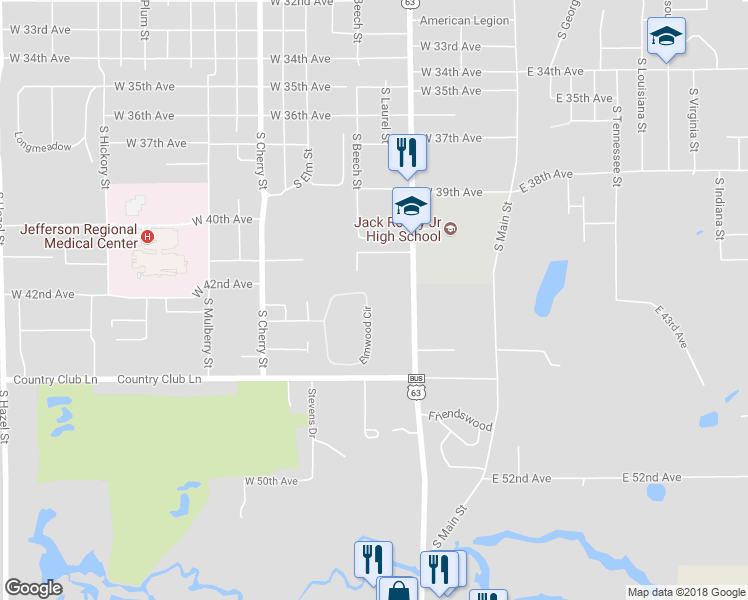 map of restaurants, bars, coffee shops, grocery stores, and more near 17 Elm Woods Circle in Pine Bluff