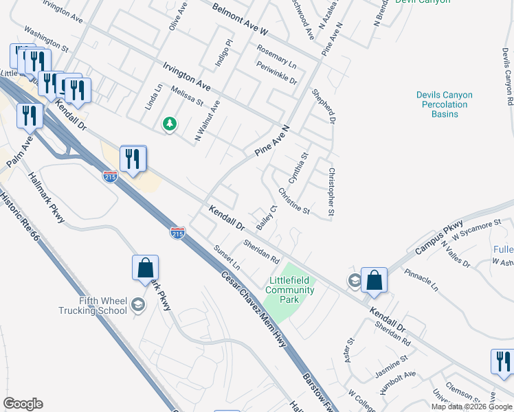 map of restaurants, bars, coffee shops, grocery stores, and more near 2660 Twain Drive in San Bernardino