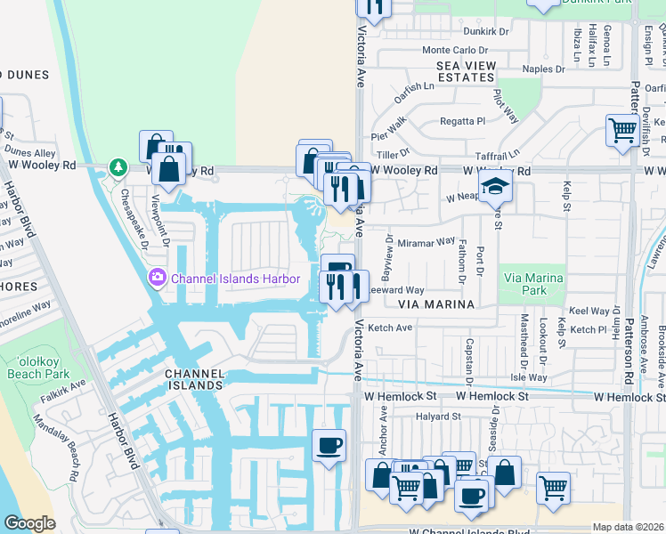 map of restaurants, bars, coffee shops, grocery stores, and more near 1503 Windshore Way in Oxnard