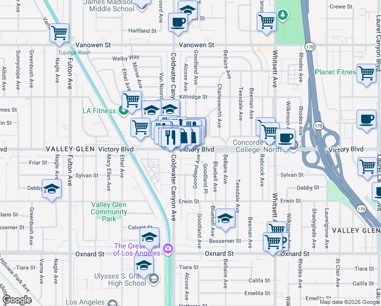 map of restaurants, bars, coffee shops, grocery stores, and more near 12816 Victory Boulevard in Los Angeles