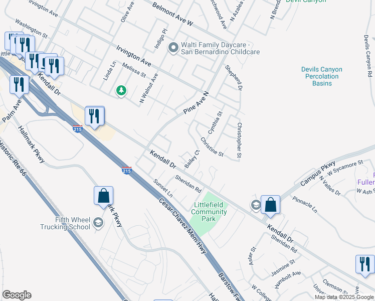 map of restaurants, bars, coffee shops, grocery stores, and more near 2660 Twain Avenue in San Bernardino