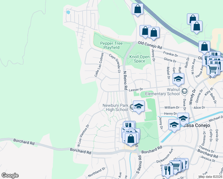 map of restaurants, bars, coffee shops, grocery stores, and more near 3791 Lesser Drive in Thousand Oaks