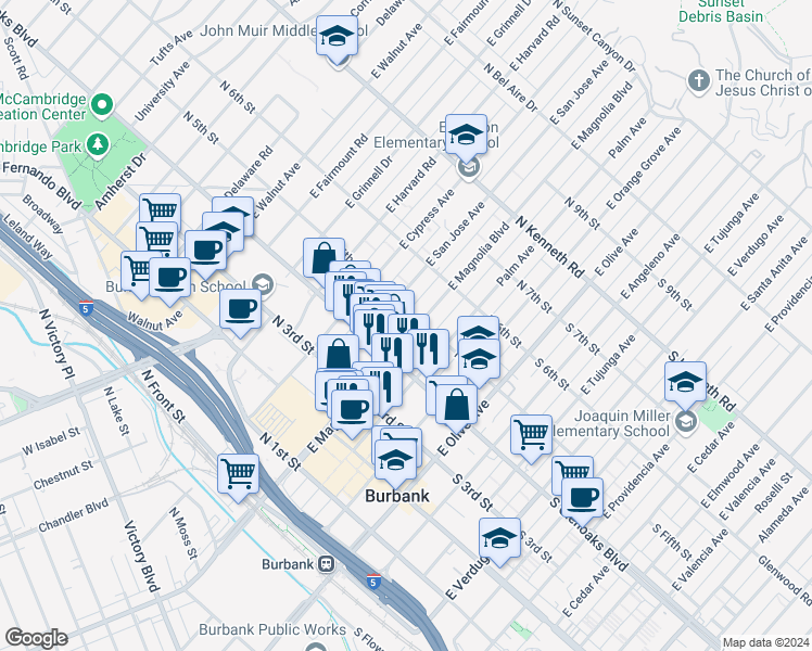 map of restaurants, bars, coffee shops, grocery stores, and more near 465 East Magnolia Boulevard in Burbank