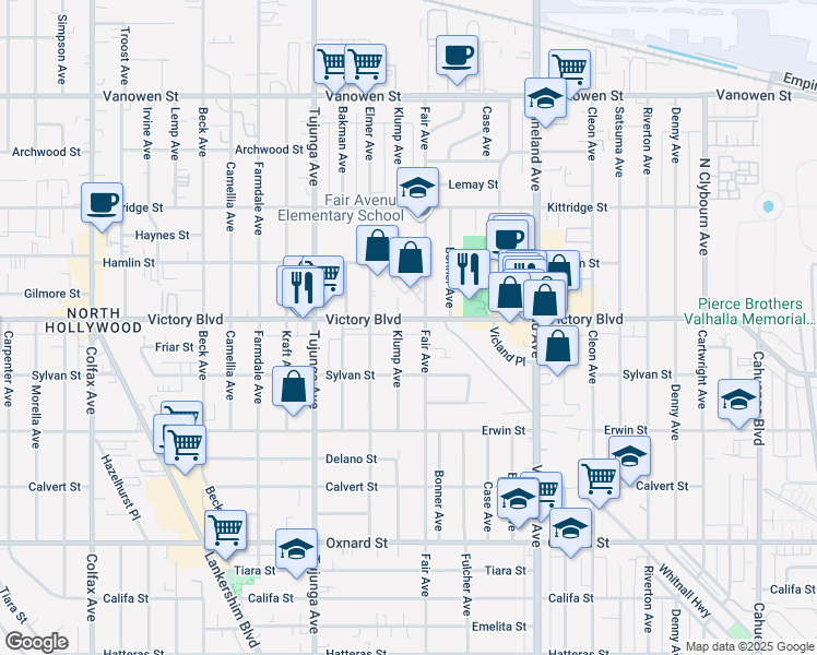 map of restaurants, bars, coffee shops, grocery stores, and more near 11218 Victory Boulevard in Los Angeles