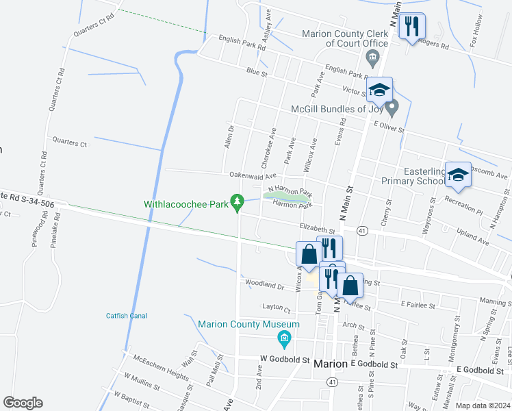 map of restaurants, bars, coffee shops, grocery stores, and more near 805 Cherokee Avenue in Marion