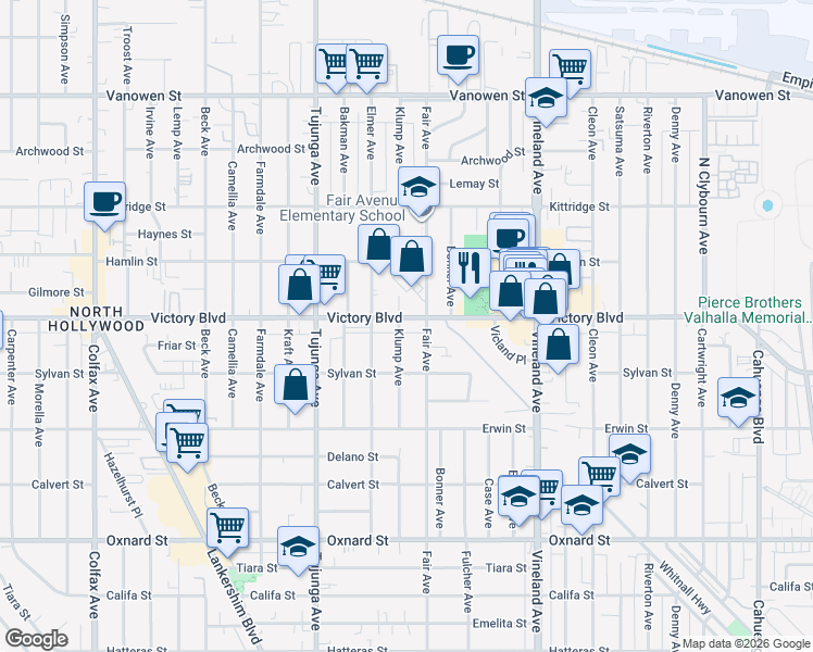 map of restaurants, bars, coffee shops, grocery stores, and more near 105501/2 Victory Boulevard in Los Angeles