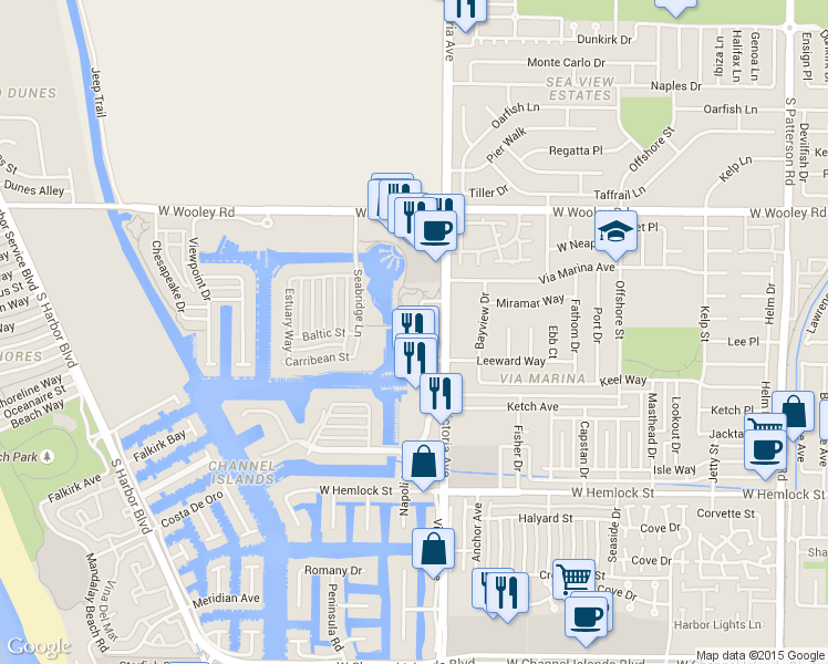 map of restaurants, bars, coffee shops, grocery stores, and more near 1533 Windshore Way in Oxnard