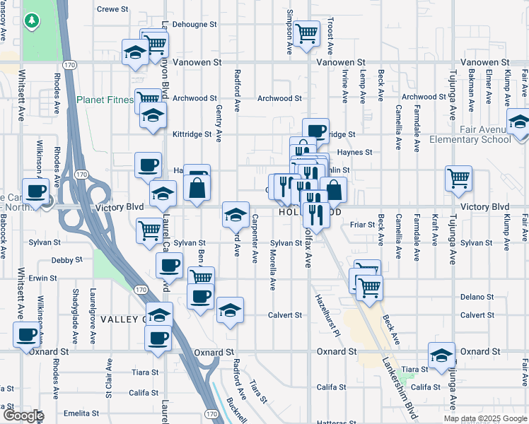 map of restaurants, bars, coffee shops, grocery stores, and more near 11816 Victory Boulevard in Los Angeles