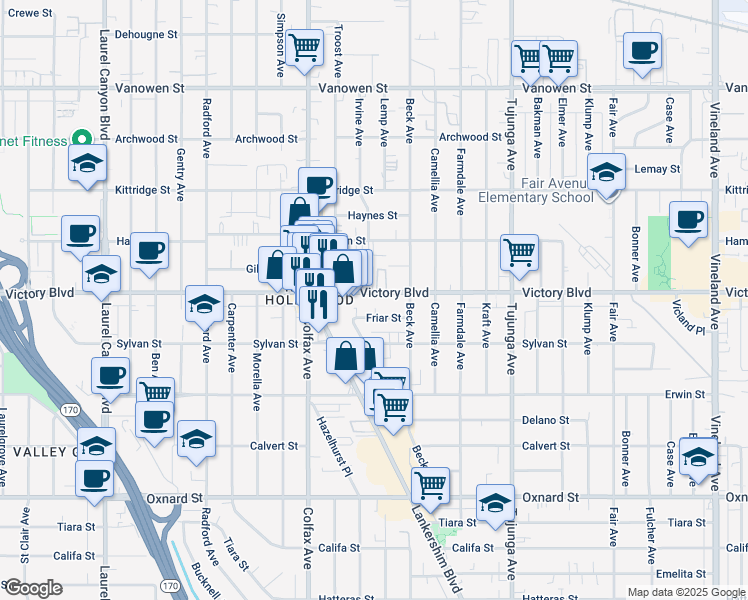 map of restaurants, bars, coffee shops, grocery stores, and more near 11600 Victory Boulevard in Los Angeles