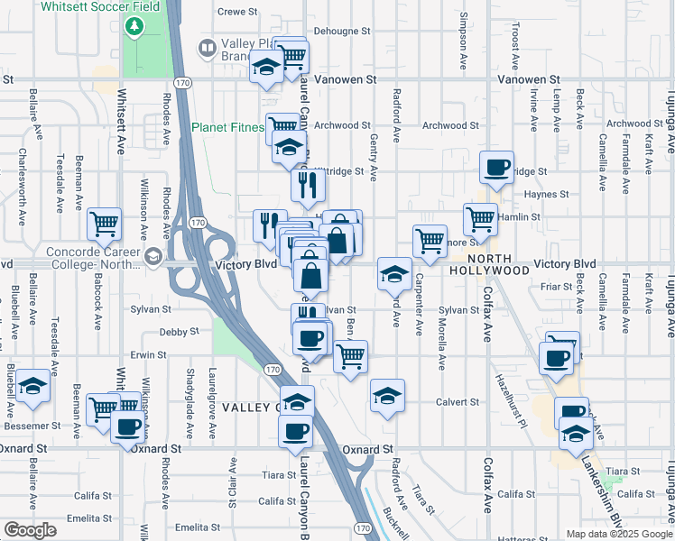map of restaurants, bars, coffee shops, grocery stores, and more near 12020 Victory Boulevard in Los Angeles
