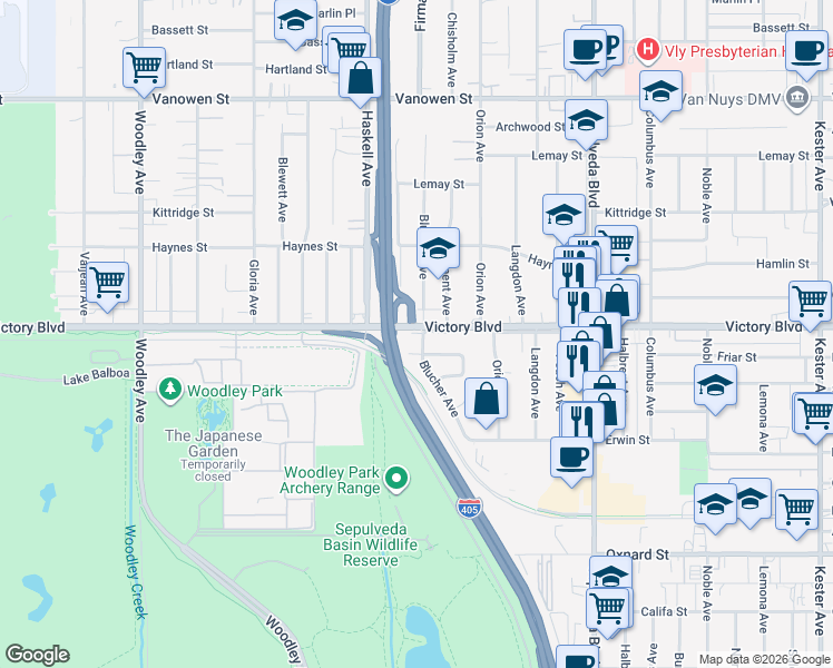 map of restaurants, bars, coffee shops, grocery stores, and more near 6361 Blucher Avenue in Los Angeles