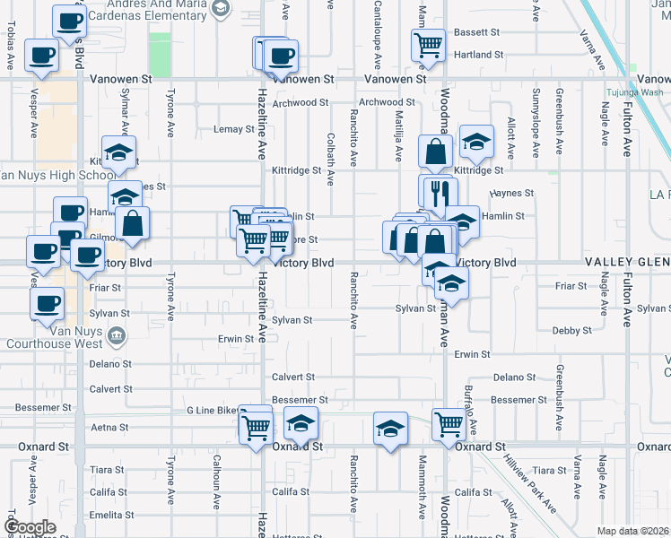 map of restaurants, bars, coffee shops, grocery stores, and more near 6357 Colbath Avenue in Los Angeles