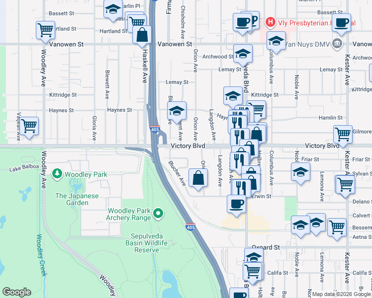 map of restaurants, bars, coffee shops, grocery stores, and more near 15460 West Victory Boulevard in Los Angeles